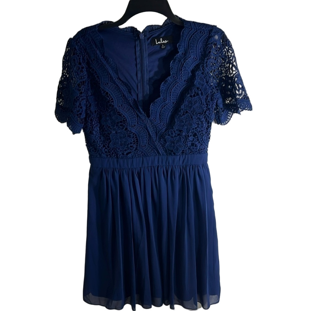 Lulus Dress Women's Sz L Navy Blue Angel in Disguise Skater Lace Chiffon NWOT